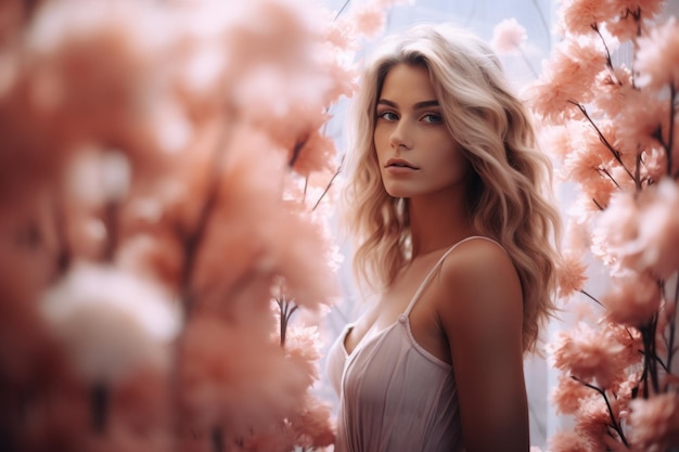 a beautiful blonde woman standing in front of pink flowers