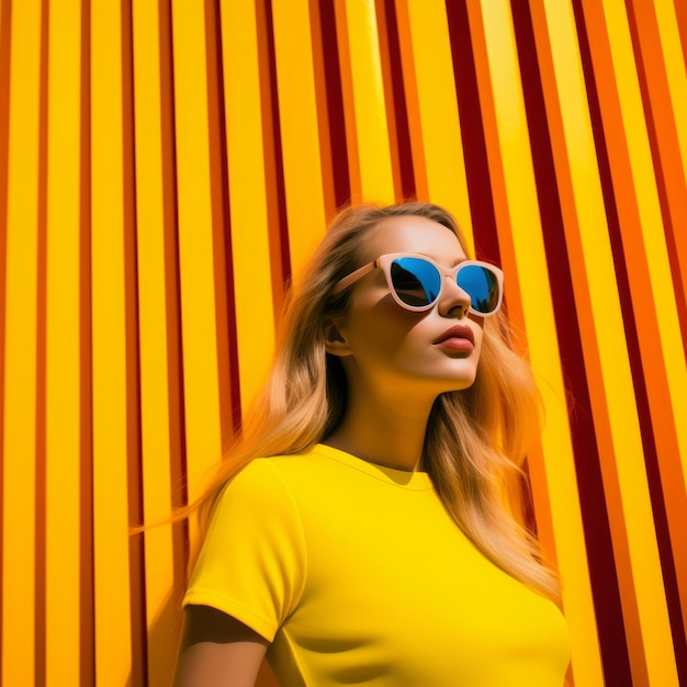 Photo beautiful blonde woman in sunglasses against yellow background