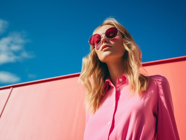 A beautiful blonde woman in sunglasses and a pink shirt against a red wall