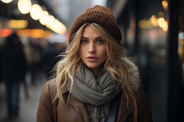 a beautiful blonde woman wearing a brown hat and scarf
