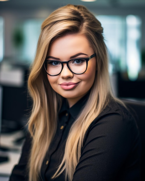 a beautiful blonde woman wearing glasses in an office