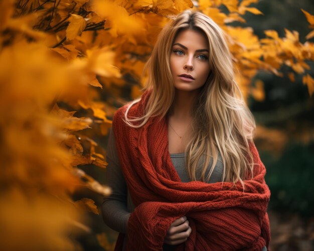 A beautiful blonde woman wearing a red scarf in the fall