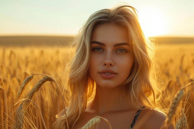 小麦畑の美しい金 ⁇ の女性