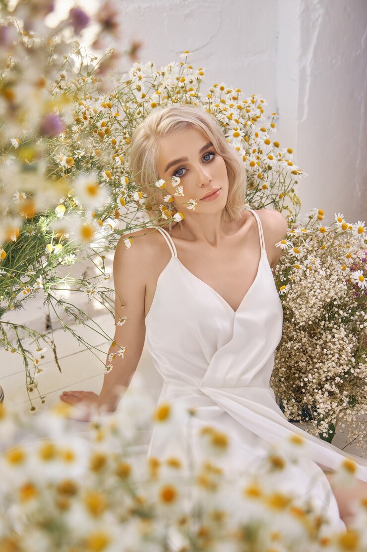 Photo 穿著白色禮服的美麗金髮女人坐在<unk>花中間的地板上.一個女孩的肖像和一束野花
