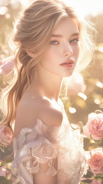 白いドレスを着た美しい金の女性がバラの庭でポーズをとっています