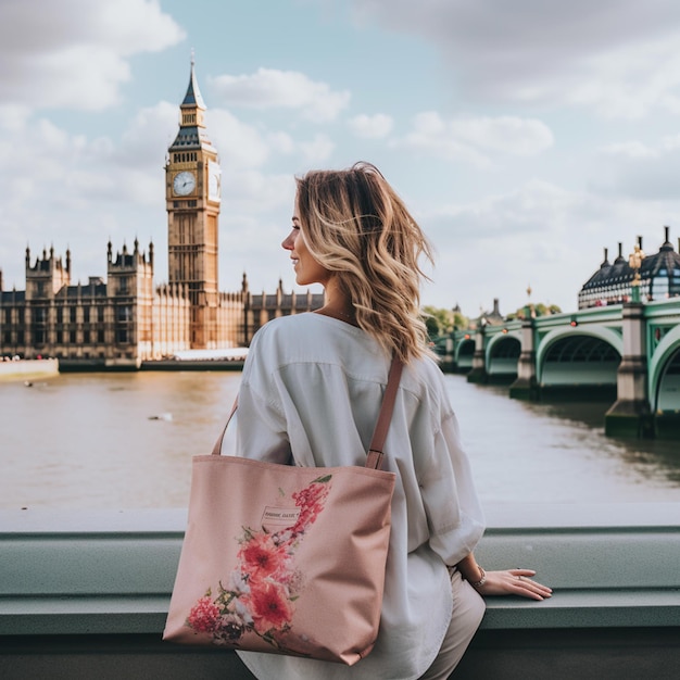 Beautiful blonde woman in white shirt and pink bag