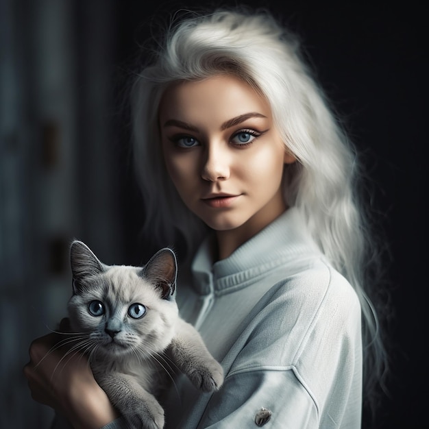 크고 파란 눈을 가진 아름다운 금발의 여자가 샴 고양이를 팔에 안고 있습니다. 여자와 고양이는 비슷하게 보입니다.