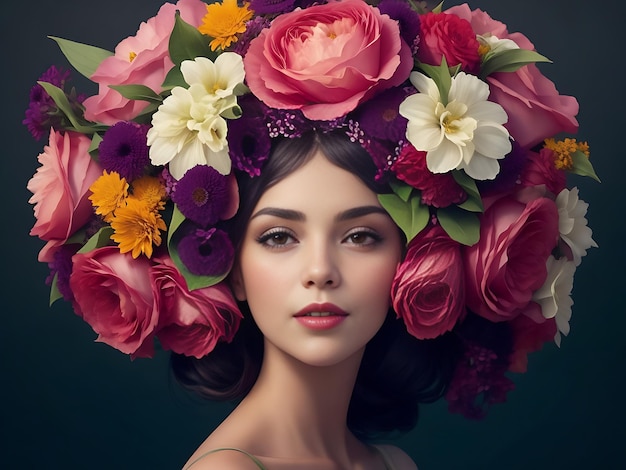 Foto bella donna bionda con corona di fiori sulla sua testa ai genera