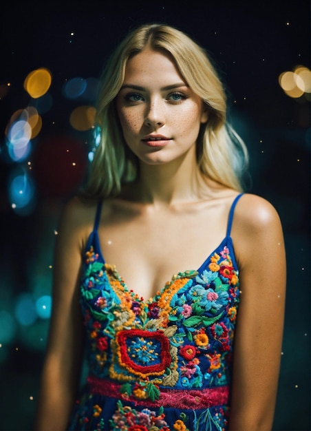 Beautiful blonde woman with freckles wearing a colorful vibrant detailed embroidered dress mediu