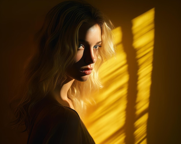 a beautiful blonde woman with long hair in front of a yellow light