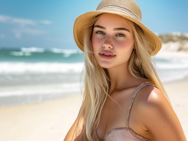 A beautiful blonde woman with a modellike appearance in a bikini and a hat Relaxing on the beach by the ocean or sea AI generative