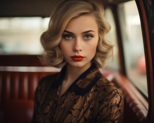 a beautiful blonde woman with red lipstick sitting in the back seat of an old car