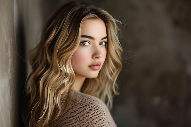 Photo beautiful blonde woman with wavy hair in elegant pose