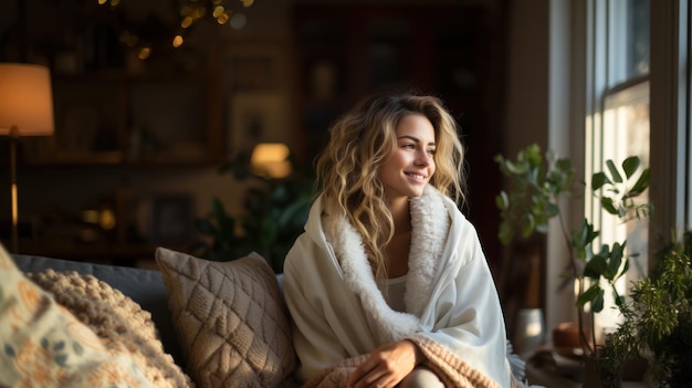 Foto bella donna bionda avvolta in una coperta calda seduta sul divano a casa e guardando la finestra
