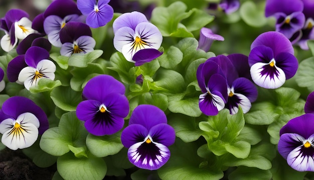 Photo beautiful bloom of purple pansies in the garden