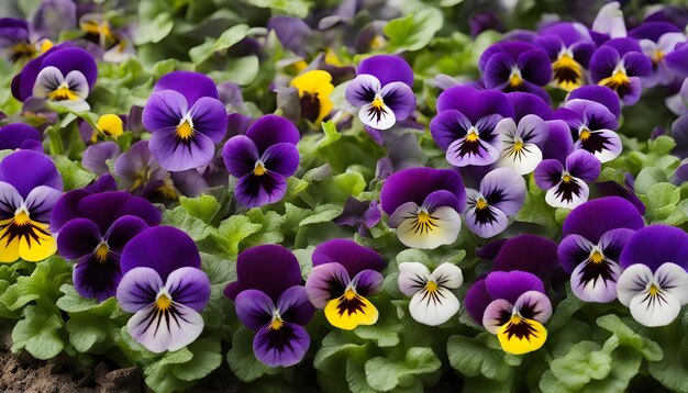 Beautiful bloom of purple pansies in the garden