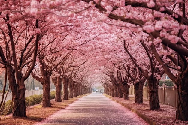 Beautiful blooming alley in spring in pink