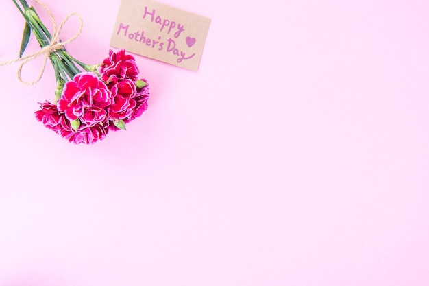 Beautiful blooming carnations tied by bow with kraft text card isolated on bright modern table, copy space, flat lay, top view