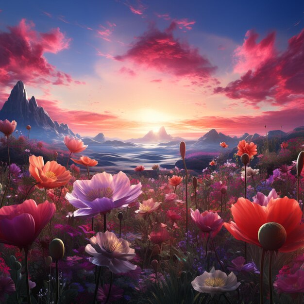 Beautiful blooming flower field spring season realistic photography AI generated picture