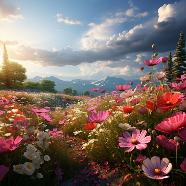 Beautiful blooming flower field spring season realistic photography AI generated picture