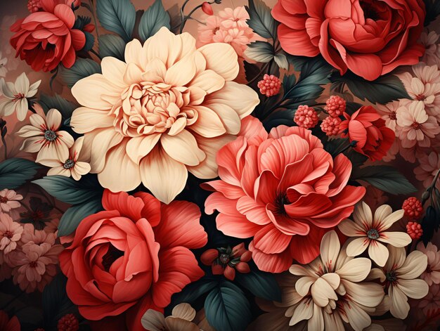 Beautiful Blooming Flowers Illustration in Vintage Art Style Exotic Floral Background Generative AI