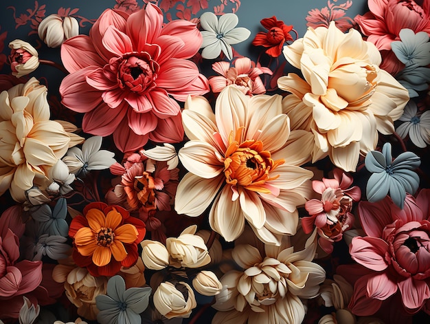 Beautiful Blooming Flowers Illustration in Vintage Art Style Exotic Floral Background Generative AI