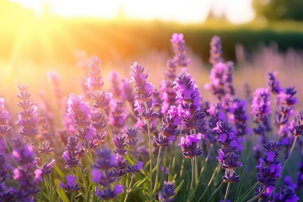 Beautiful blooming lavender growing in field closeup space for text