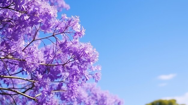 Beautiful blooming purple jacaranda trees over blue sky with modern city background