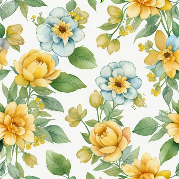 Beautiful blooming Yellow flowers watercolor seamless patterns