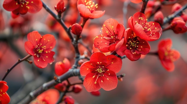 Photo beautiful blossoming quince tree closeup in springtime stunning red quince flowers on a branch
