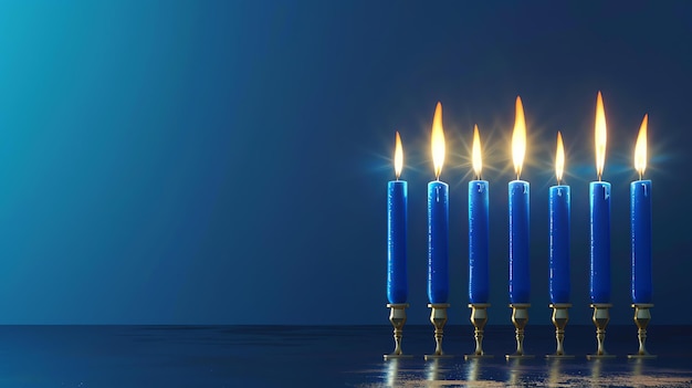 A beautiful blue background with a menorah and four burning candles The menorah is made of gold and the candles are lit