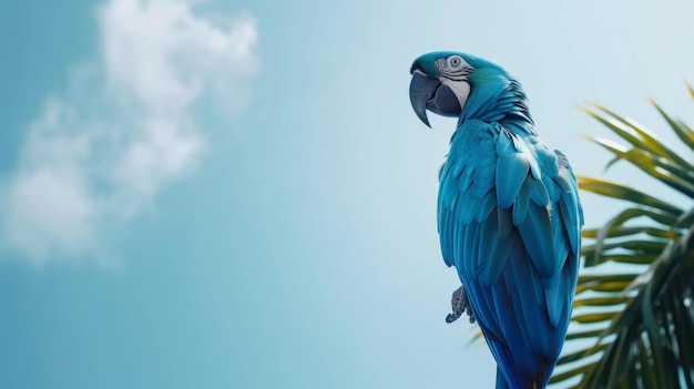 Beautiful blue big parrot on a tropical background