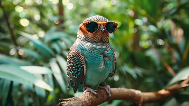 Beautiful blue bird wearing sunglass and sitting in the tree bunch with a big copy space Generative AI