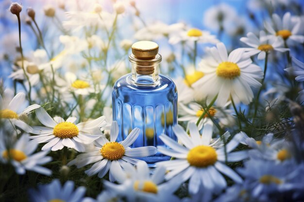 Beautiful blue bottle with daisies