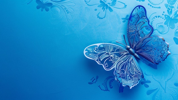 Foto beautiful blue butterfly on blue wall intricate patterns