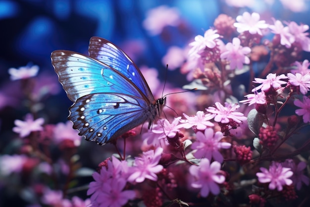 写真 美しい青い蝶が鮮やかな紫色の花の上に座っています自然愛好家や庭園愛好家に最適です
