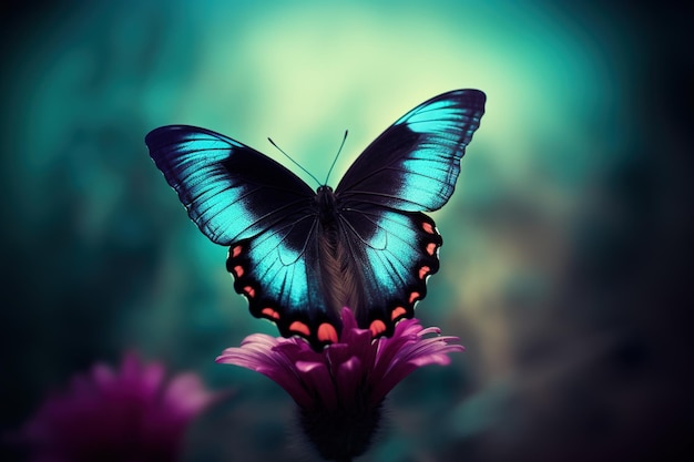 a beautiful blue butterfly perched above a stunning purple bloom