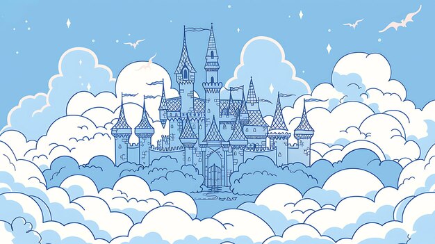 Foto un bellissimo castello blu galleggia tra le nuvole il castello è circondato da nuvole bianche soffici e ha una lunga strada tortuosa che conduce fino ad esso