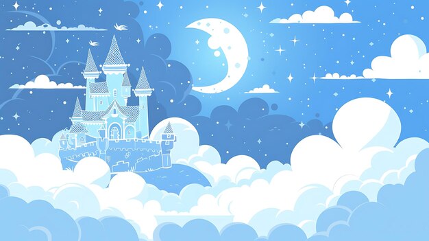 Photo a beautiful blue castle floats among the clouds the sky is a deep blue and the stars are twinkling brightly