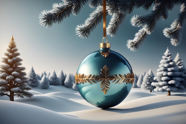 Beautiful blue Christmas balls with gold on Christmas tree and snowflakes on a snow background