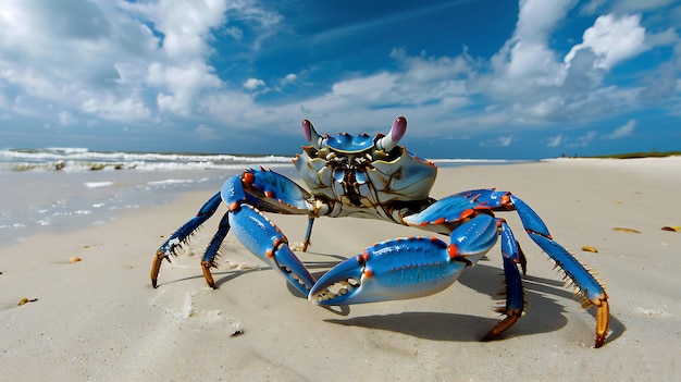 A beautiful blue crab stands on the beach its claws outstretched The crabs shell is a deep blue color and its claws are a bright orange