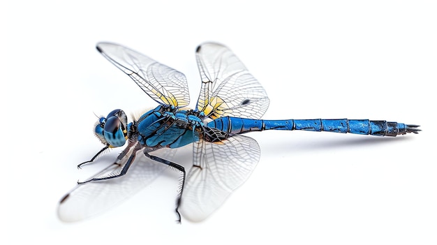 Photo a beautiful blue dragonfly with transparent wings the dragonfly is perched on a white surface and its wings are spread out