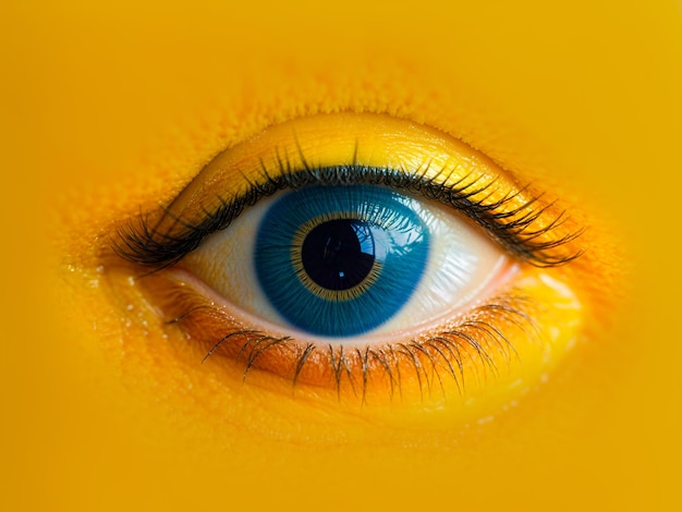 Beautiful blue female eye on yellow background