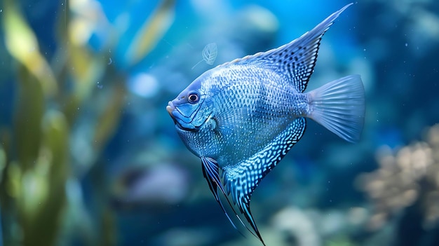 A beautiful blue fish swims gracefully through the water its long fins trailing behind it