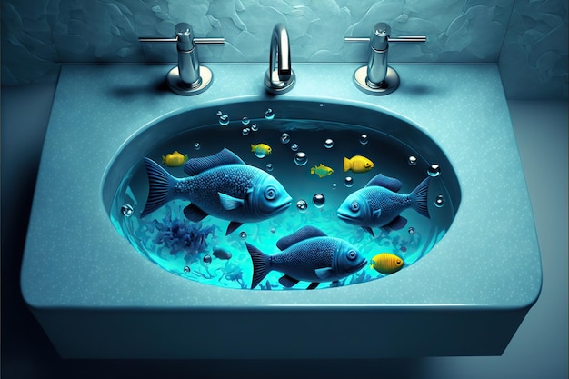 生成 AI で作成された未来的なバスルームのシンクで泳ぐ美しい青い魚