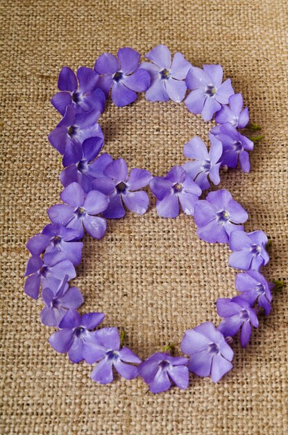 Beautiful blue flowers in a shape of a eight on burlap background