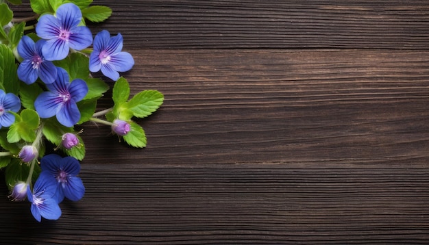 Beautiful blue flowers on wooden background Top view with copy space