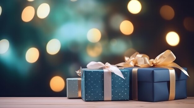 Photo a beautiful blue gift box with a gold bow on a wooden table