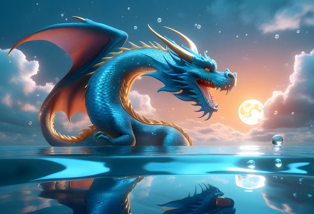 Photo beautiful blue glass dragon in sky