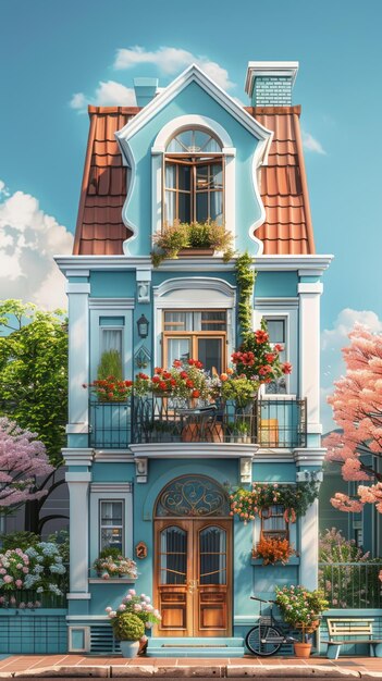 Photo a beautiful blue house with a red roof and lots of flowers